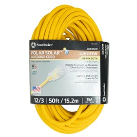 Southwire Polar Solar Extension Cord - Cold Weather Flexibility & Rugged Durability - SJEOOW Jacket - UL Listed - Oil & Chemical Resistant - 12/3 Gauge - 50 Foot - Yellow Outdoor Cord