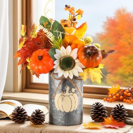SiliFine Fall Table Centerpiece Decoration Thanksgiving Harvest Vintage Artificial Flower Stem Pumpkin Maple Berry Pick with Metal Pot for Autumn Rustic Farmhouse Home Kitchen Dining Indoor Decoration