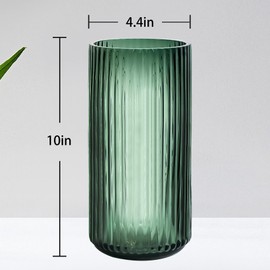 Muyan 9.8" Flower Vase for Decor Ribbed Glass Vase Modern for Centerpieces Desktop Home Office Dining Living Room Wedding (Green)