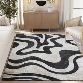 Beige Black Swirl Modern Area Rug – 6' x 9' – Contemporary Abstract Design – Terra Collection – Non-Shedding, Fade-Resistant, Easy to Clean – Durable for High Traffic Areas – Living Room & Bedroom