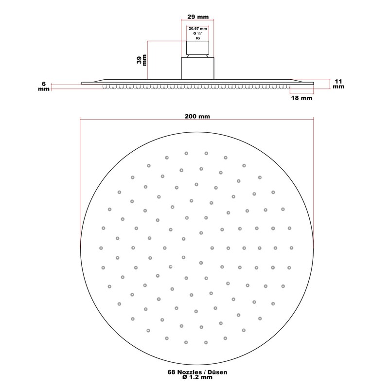 Wiltec Rain Shower Head Round 20 cm Stainless Steel