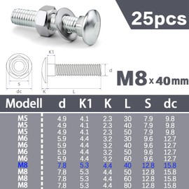 XRXYMQ Pack of 25 Carriage Bolts M8 x 40 mm Carriage Bolts Gate Hinge Screws M8 Flat Head Screws with Nuts DIN934 and Washers DIN125 for Furniture Decoration Construction Industry