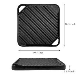 Cast Iron Reversible Grill/Griddle, 10.5-Inch Double Handled Cast Iron Stovetop Grill/Griddle