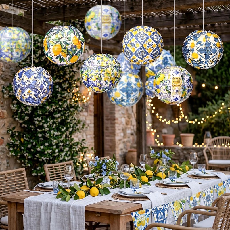Capri Lemon Paper Lanterns Mediterranean Yellow Blue Tiles Hanging Decor