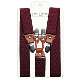 Basic Sense Men Diamond Braces 35mm Wide Genuine Leather Heavy Duty Metal Clips, Burgundy