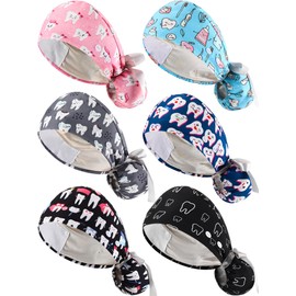 Maiteenly 6 Pcs Satin Lined Scrub Caps Women Dental Nursing Hats with Buttons Working Cap with Button and Sweatband Tie Back Hats (Popular Style)