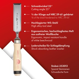 Stubai 353013 "Swedish Type" Special Wood Chisel with Wooden Handle, Beige/Silver, 40 mm