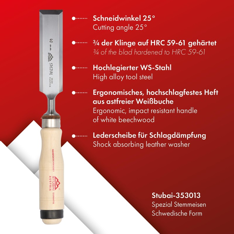 Stubai 353013 "Swedish Type" Special Wood Chisel with Wooden Handle,