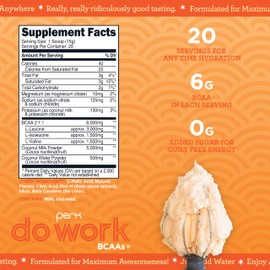 Perk Do Work Naturally Sweetened BCAAs+ Peach Buttercream Flavored (20 Servings) - Gluten-Free, Soy-Free, Peanut-Free, with Coconut Water, Coconut Milk, and Electrolytes