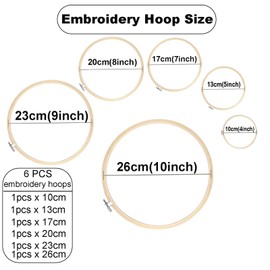 Yosugar Bamboo Embroidery Hoops Set of 6, 10cm-26cm Natural Wooden Cross Stitch Frame with Adjustable Sewing Rings, Smooth Edges for Broderie & Fabric Art, Ideal Gift for Crafters