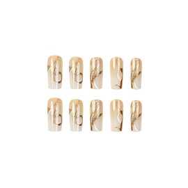 SINHOT Square Press on Nails Medium - White Gradient Fake Nails Glossy Glue on Nails Gold Bling Glitter Stripes Acrylic Nail Supplies Squoval Nail Art Stick on False Nails with Design DIY 24 pcs