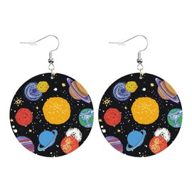 Swono Planet Round Faux Leather Earrings for Women Fantasy Starry Sky Universe Outer Space Planets Star Multicolor Lightweight Double-Side Printed Drop Dangle Earring for Birthday Party Gift