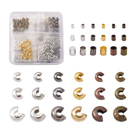 Beadthoven 1440pcs Crimp Beads Jewelry Kit with 540pcs Half Round Open Crimp Beads Covers & 900pcs Tube Brass Crimp Beads Cord Ends for Jewelry Making, 6 Colors