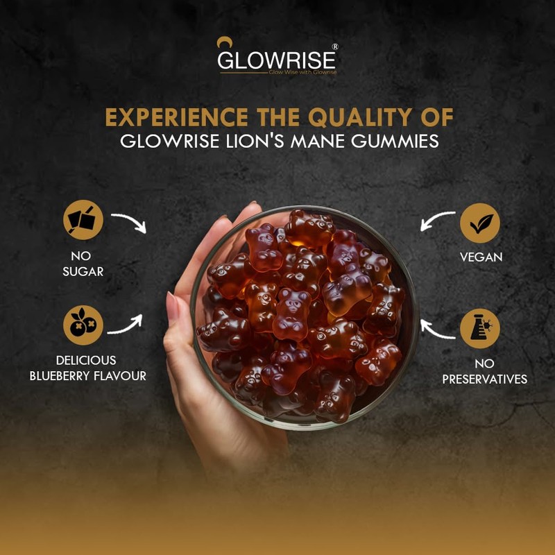 GLOWRISE Lions Mane Gummies 1000mg – Blueberry Flavor, Sugar-Free, Vegan