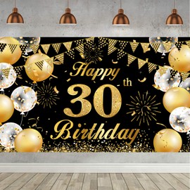 30th Birthday Banner Black Gold Birthday Banner for Men Women Background Banner for 30 Years Party Decoration