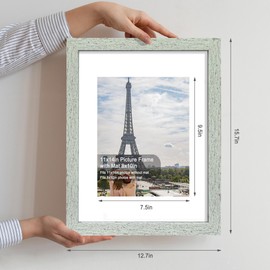 Hongkee 11x14 Picture Frame Set of 4, Made of Real Glass and Sage Green Wooden Frame, Display 8x10 Pictures with Mat or 11 x 14 Posters without Mat for Wall Mounting, Gallery Photo Frames