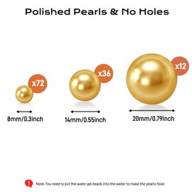 Cusmation 120 PCS 8/14/20mm No Hole Polish Pearl Beads for Centerpiece, Gold Beads Decorative Vase Fillers, Plastics Pearls for Vases, Table Scatters, Wedding Party Decor