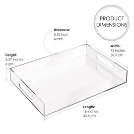 Elavain Acrylic Clear Leak Free Tray with Handles | Rectangle Sturdy Tray for Coffee Table | Large Appetizer Serving Tray, Bathroom Perfume Tray, Letter Tray Desk Organizer & Bed Tray | 12’’ x 16‘’