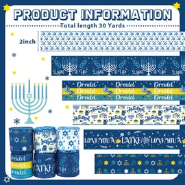 Chitidr Hanukkah & Chanukah Star of David Ribbons - 6 Rolls, 30 Yards, Wired, 2 Inch, Blue & White, Jewish Menorah & Dreidel Ribbon for Crafts, DIY Bows & Wreath Decorations