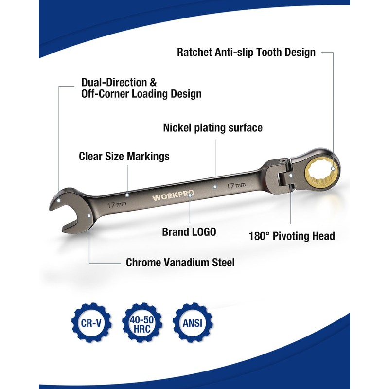 WORKPRO 8-piece Flex-Head Ratcheting Combination Wrench Set, Metric 9-17 mm,