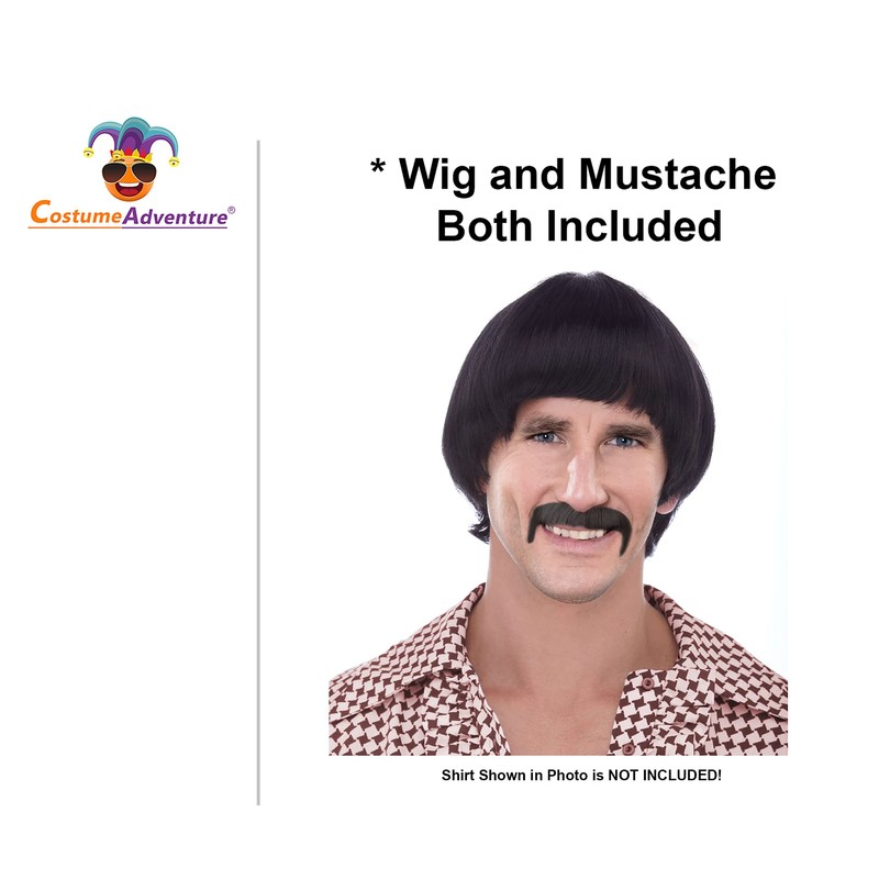 Black 60's Hippie Wig For Men Sonny Wig and Mustache