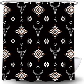 JWJAMM Western Boho Shower Curtain Aztec Bull Skull Geometric Native Tribal Southwestern Cow Longhorn Head Cowboy Farmhouse Bath Curtains with Hook,70x70 Inch