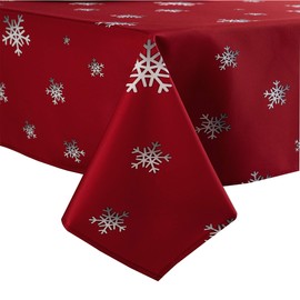 Linnovo Decorative Christmas Tablecloth, Wrinkle and Water Resistant Holiday Table Cloth for Square and Rectangle Tables, Polyester Fabric Red Table Cover 60 x 120 Inch, Gradient Solid Snowflake