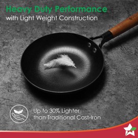 Wonderchef Pre-Seasoned Ferro Light 24cm Cast Iron Fry Pan 1.4L Acacia Wooden Handles Gravity Moulding Technology No Chemical Coating 10 Year Warranty24 cmBlack