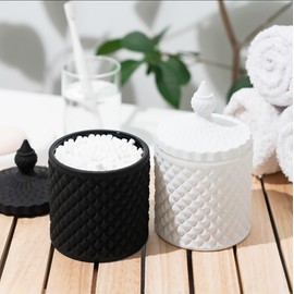 Qtip Holder Dispenser Apothecary Glass Jar - Bathroom Storage Canister for Cotton Ball, Pad, Hair Tie, Bath Salts, Floss - Vanity Organizer (Black+White, Small)