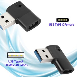 QIANRENON 90° Angle USB 3.0 to USB C Adapter 5Gbps USB A Male to Type C Female Right Angle Coupler L Shape Data Transfer Charging Port OTG for PC Laptop Tablet USB Charger Pack of 2