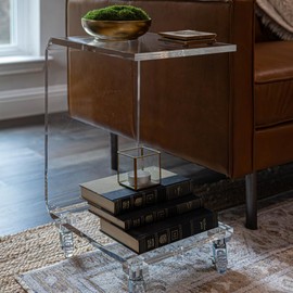 Clarte Clear Acrylic Rolling C-Table with Wheels | Side Table for Living Room or Nighstand for Bedrooms | Premium Durable Glass-Like Design | Base and Top Shelf