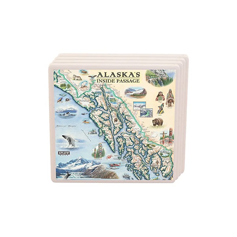 Alaska's Inside Passage Map Ceramic Coasters with Cork Base -