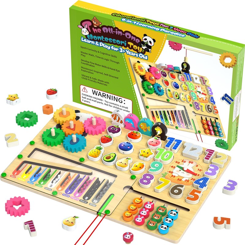 9-in-1 Montessori Busy Board Wooden Magnetic Maze Toy for 3+