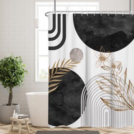 RTFEVG Black and White Shower Curtain Gold Abstract Morden Boho Neutral Dark Gray Grey Plant Leaf Geometric Trendy Minimalist Mid Century Fabric Cloth Bathroom Decor Set 60x72 inch Polyester 12 Hooks