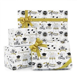 Graduation Wrapping Paper 2024, 6 Sheets White and Gold Grad Gift Wrap Papers, Flat Wrap 20 x 28 inches per sheet with 1 Roll Gold Ribbon for Ceremony Party Grade Class Celebrations Graduation Supplies Decorations