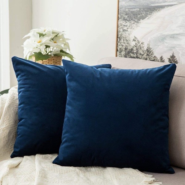 MIULEE Decorative Velvet Cushion Covers 45cm x 45cm/Square Throw Pillowcases for Sofa Bedroom with Invisible Zipper 18x18 Inch Navy Blue Sets of 2