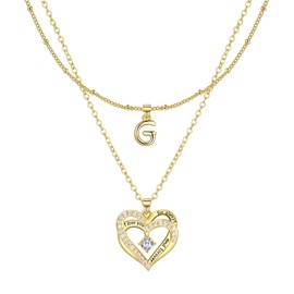 Lydreewam Gold Layered Heart Necklaces for Women, 14k Gold Plated Dainty Layering Heart Initial Letter G Necklaces with Cubic Zirconia, Adjustable Chain Necklaces Jewelry Gift