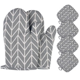 Rseuphiee Heat Resistant Oven Gloves, Cotton Non-Slip Oven Gloves, 1 Pair Oven Gloves and 4 Pot Holders, Cooking Gloves, Washable Oven Gloves, for Cooking, Baking, BBQ