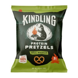 Kindling Protein Pretzels - Dill Pickle | Protein-Packed Snack Size Bags | Kosher | 8g Protein Per Serving | Only 1-2g of Total Sugar | No Artificial Flavors, Soy-Free | Lunches, Office Snacks, & On-the-Go | 16-Count (1.06oz Bags)