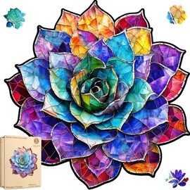 delobil Stained Glass Succulent Wooden Puzzles for Adults, 200 Pieces Mandala Jigsaw Puzzles, Unique Shaped Medium Size Wood Puzzle Gift for Kids, Family Game 11.2'' x 11.4''