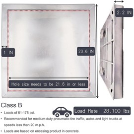 MASSLUNT 24x24 Invisible Stainless Steel Manhole Cover and Frame for 18" Corrugated Pipe, B-Class 28100 lbs Square Driveway Septic Tank Lid with Base, Metal Inspection Well Cover (True 21.6" ISL)