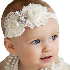 Baby Girl Chic Headband - Chiffon Lace Headwear with Flower Bows for Newborn Infant Toddler Girls Princess Headbands Head Wrap with Pearl Boho Hair Band Turban Cute Elastic Bow Holder Hair Accessories