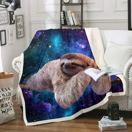 Cute Sloth Plush 3D Funny Animal Galaxy Fleece Blanket Chic Purple Blue Starry Sky Sherpa Throw for Bed Sofa Couch Outer Space Sleeping Sloth Fuzzy Blanket Room Decor Single 50"x60"