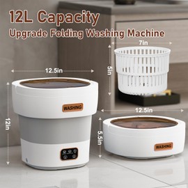Portable Washing Machine 12L Upgraded | Foldable Mini Washer with Spin Basket & 3 Modes Deep Cleaning | for Underwear, Socks, Baby Clothes | Travel, Apartment, Dorm, RV Use (Grey-White)
