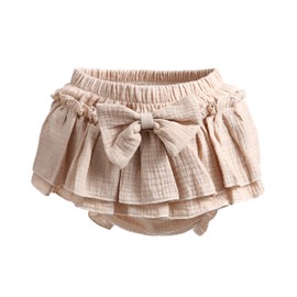 Newborn Baby Girl Cotton Skirts with Built-in Shorts Toddlers Ruffle Diaper Covers Infant Skorts with Bows Headband Set Khaki