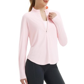 baleaf Women's Sun Shirts UPF50+ Half 1/4 Zip Shirt Rash Guard Long Sleeves SPF Lightweight Clothing UV Protection Hiking Top Light Pink XL