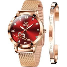 OLEVS Ladies Watches Rose Gold Mesh Strap Fashion Dress Japanese Quartz Waterproof Luminous Female Watches for Women Bracelet Sets