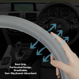 VARGTR Car Steering Wheel Cover,Universal 15 Inch Premium Leather Car Steering Wheel Cover,Best Grip,Perforated Design,Breathable,Non-Slip,Sweat-Absorbent,Warm in Winter and Cool in Summer (Gray)