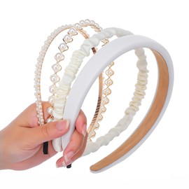 Josojoou 4PCS White Pearl Headbands, Non-slip Headbands for Women, Pearl Wide Padded Headband, Fashionable Wedding Bridal Headband, Suitable for Women, Brides, Weddings