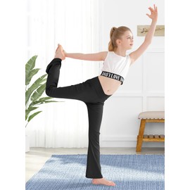 Nutyomi Girls Flare Leggings V Cross High Waisted Yoga Pants Dance Casual Pants Activewear Kids Flared Pants with Pocketss 2 Pack Black 5-6 Years